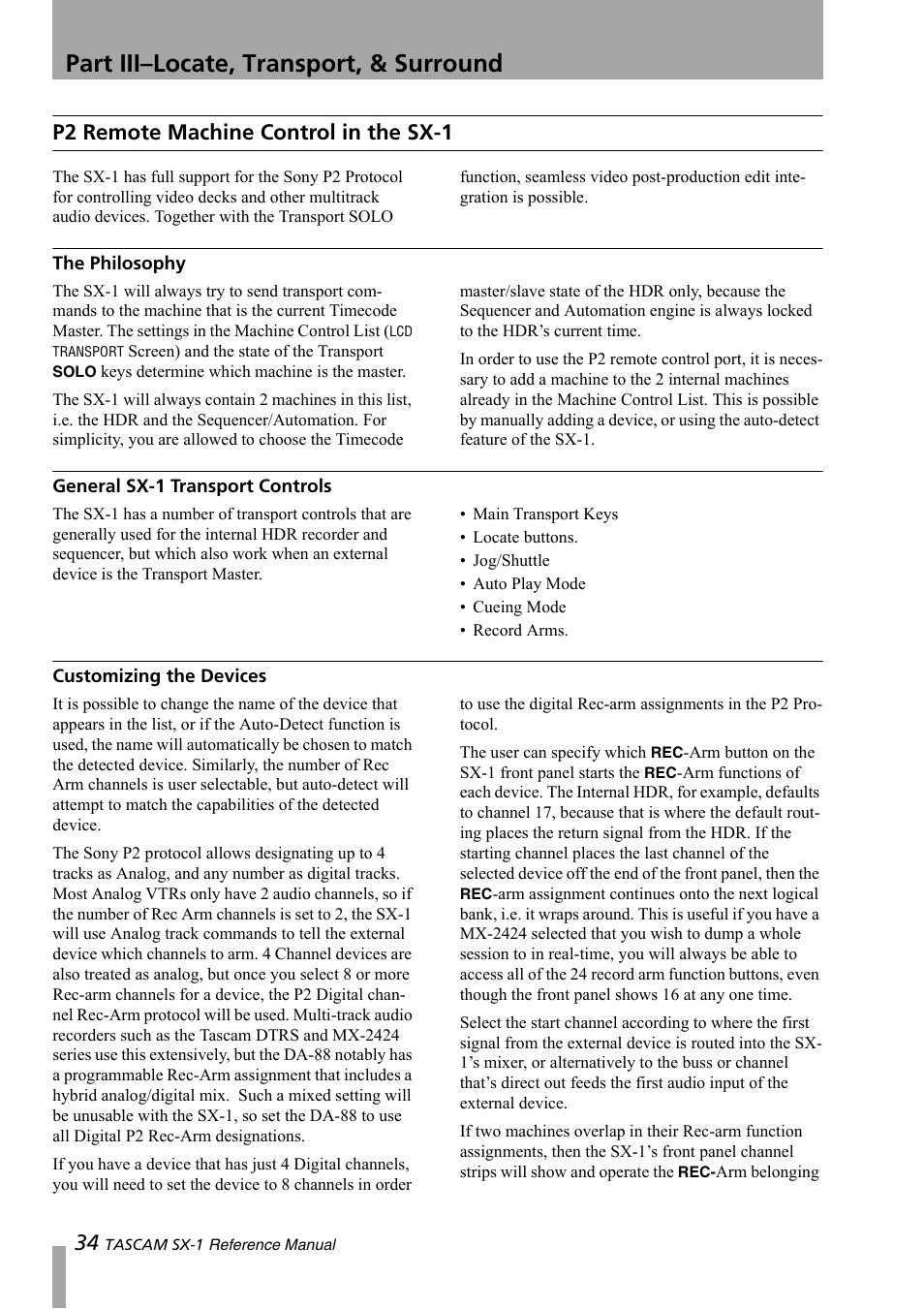 P2 remote machine control in the sx-1, The philosophy, General sx-1 transport controls | Customizing the devices, Part iii–locate, transport, & surround | Teac SX-1 Reference Manual User Manual | Page 34 / 213