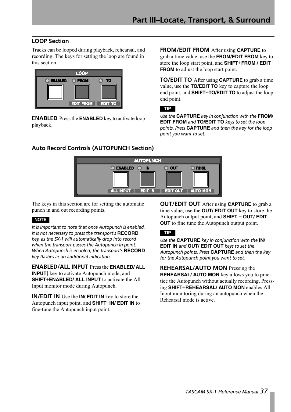 Loop section, Auto record controls (autopunch section), Part iii–locate, transport, & surround | Teac SX-1 Reference Manual User Manual | Page 37 / 213