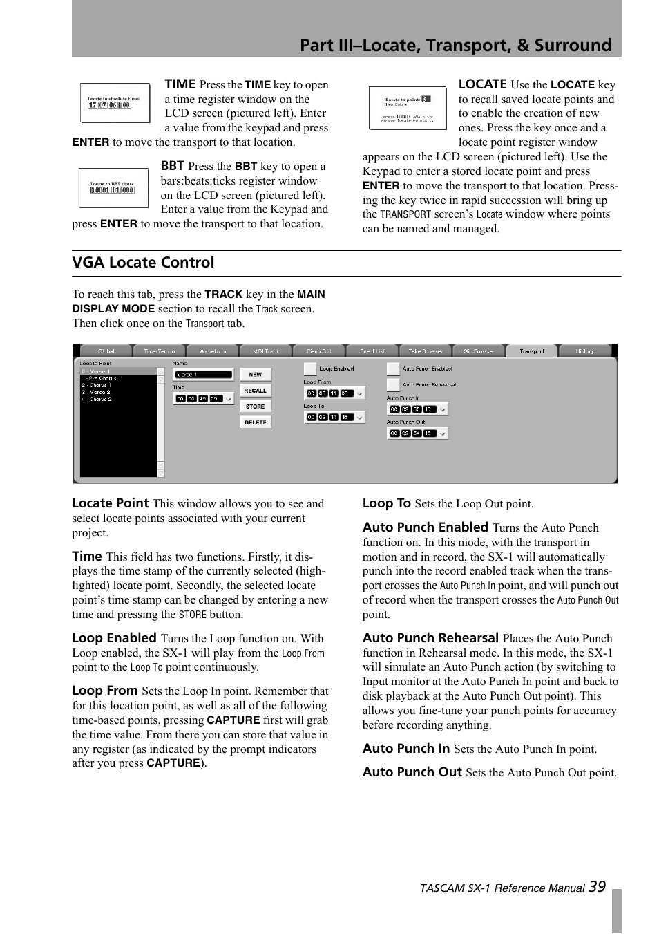 Vga locate control, Part iii–locate, transport, & surround | Teac SX-1 Reference Manual User Manual | Page 39 / 213