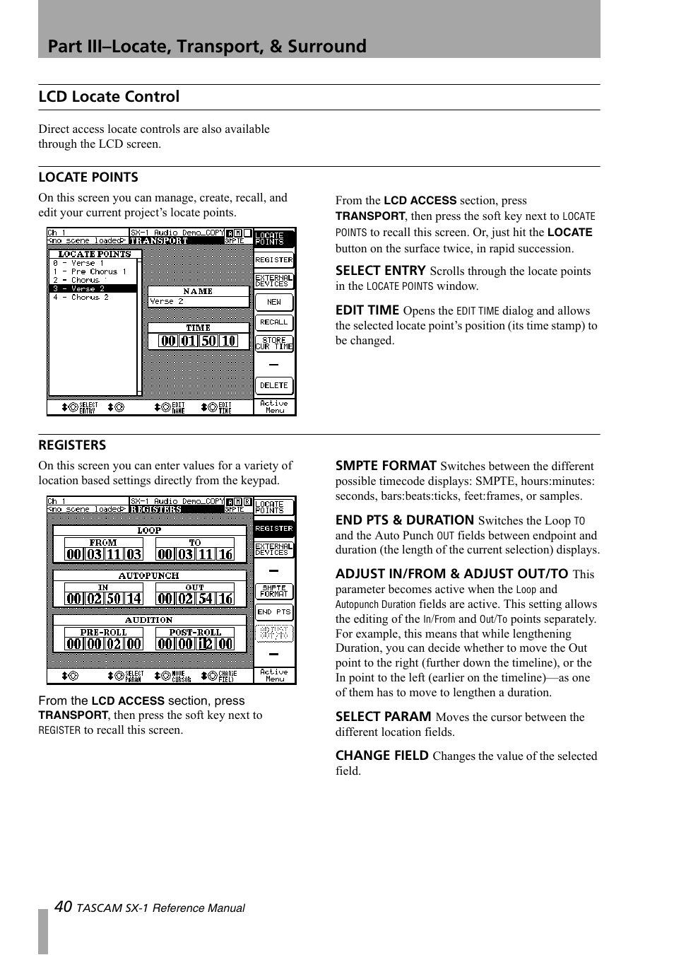 Lcd locate control, Locate points, Registers | Part iii–locate, transport, & surround | Teac SX-1 Reference Manual User Manual | Page 40 / 213