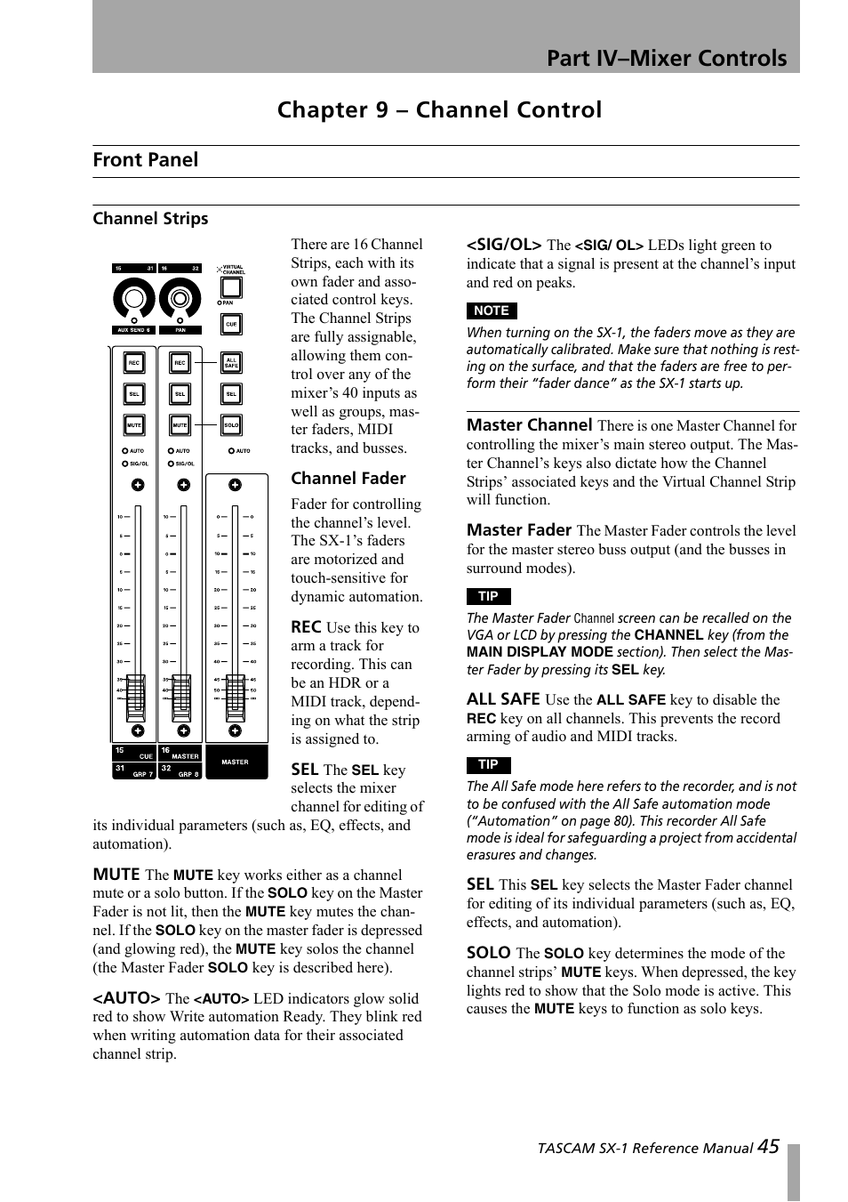 Part iv– mixer controls, Chapter 9 – channel control, Front panel | Channel strips, Part iv–mixer controls chapter 9 – channel control | Teac SX-1 Reference Manual User Manual | Page 45 / 213