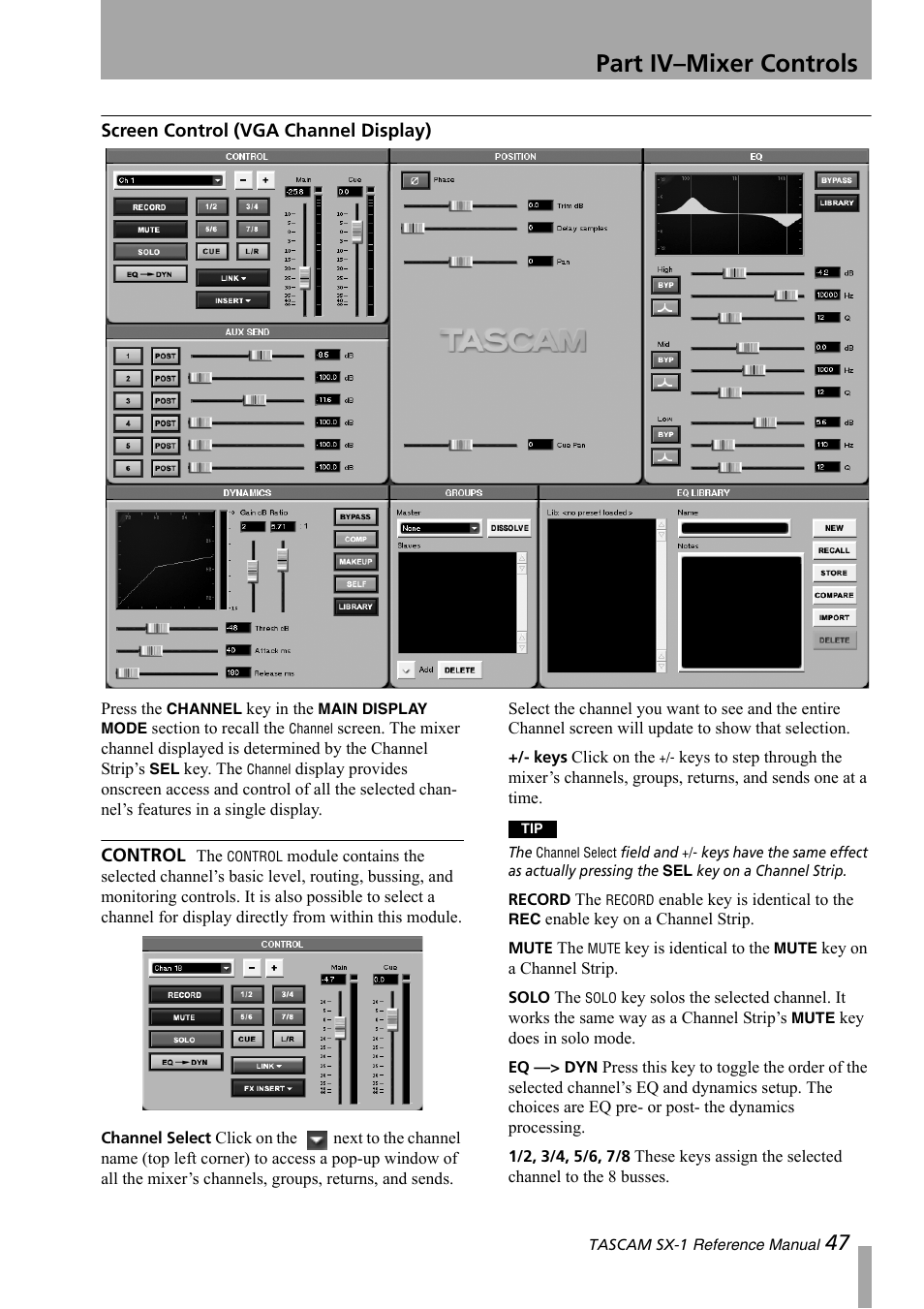 Screen control (vga channel display), Part iv–mixer controls | Teac SX-1 Reference Manual User Manual | Page 47 / 213