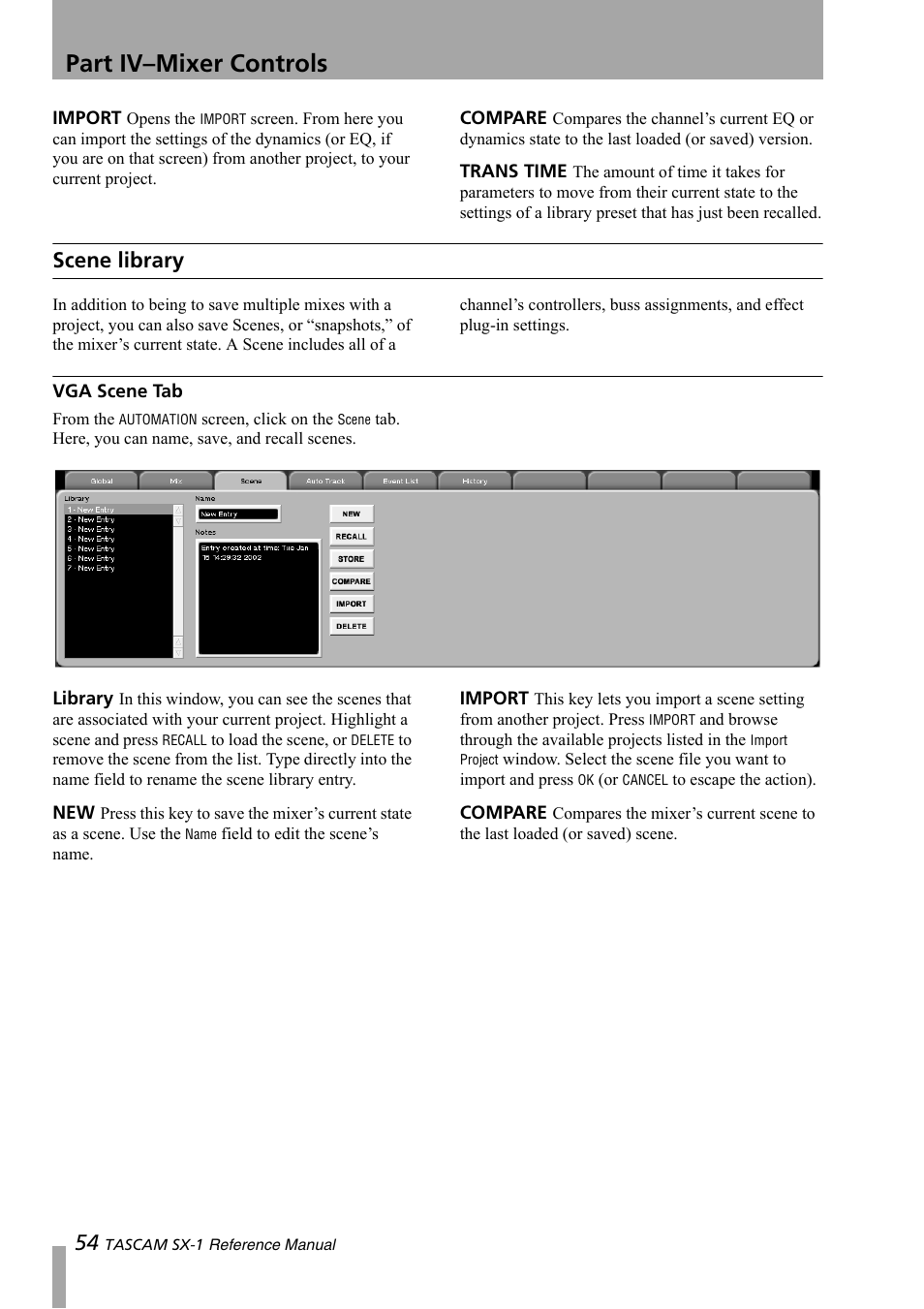 Scene library, Vga scene tab, Part iv–mixer controls | Teac SX-1 Reference Manual User Manual | Page 54 / 213