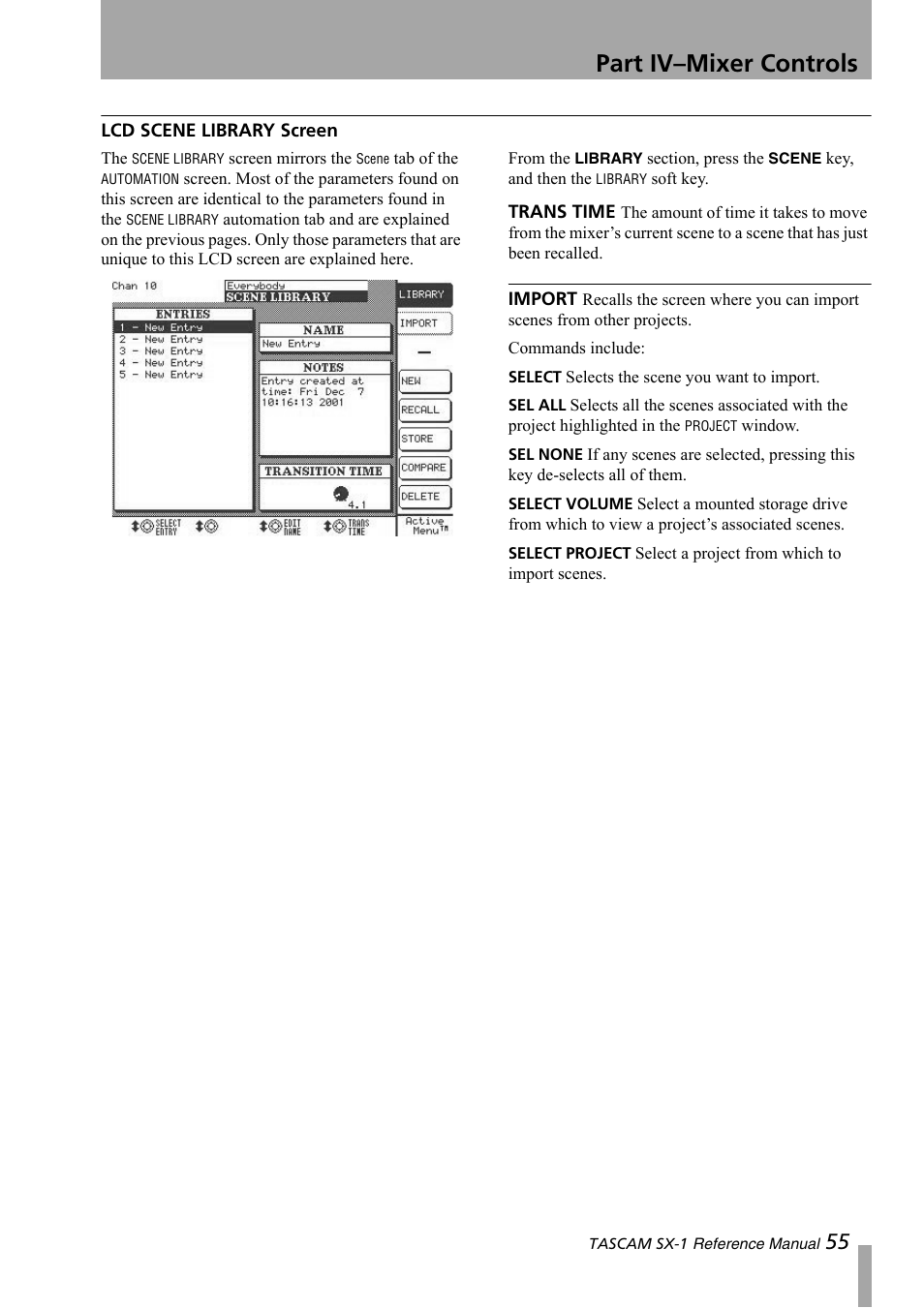 Lcd scene library screen, Part iv–mixer controls | Teac SX-1 Reference Manual User Manual | Page 55 / 213