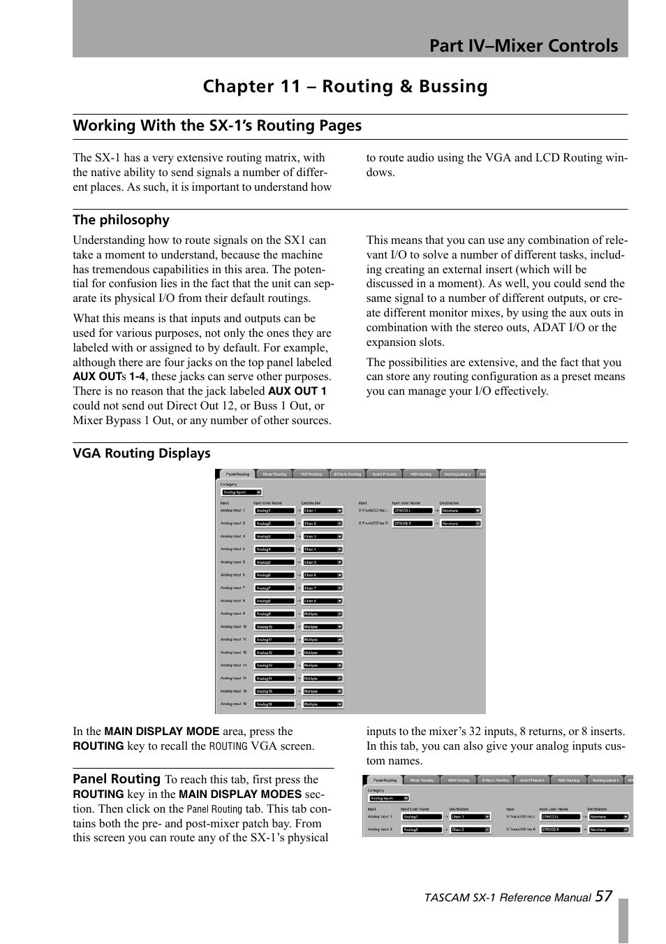 Chapter 11 – routing & bussing, The philosophy, Vga routing displays | Part iv–mixer controls, Working with the sx-1’s routing pages | Teac SX-1 Reference Manual User Manual | Page 57 / 213