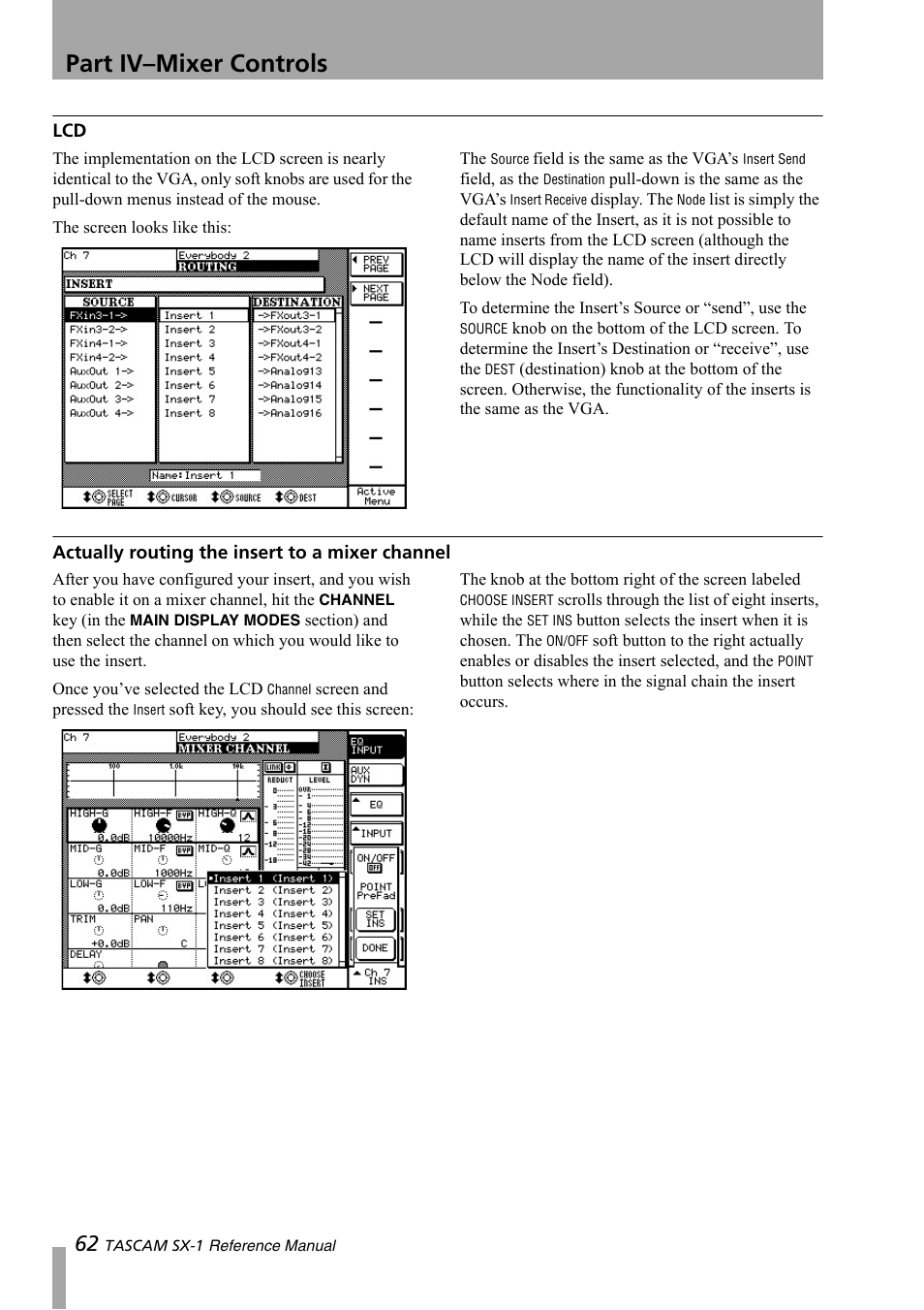 Actually routing the insert to a mixer channel, Part iv–mixer controls | Teac SX-1 Reference Manual User Manual | Page 62 / 213