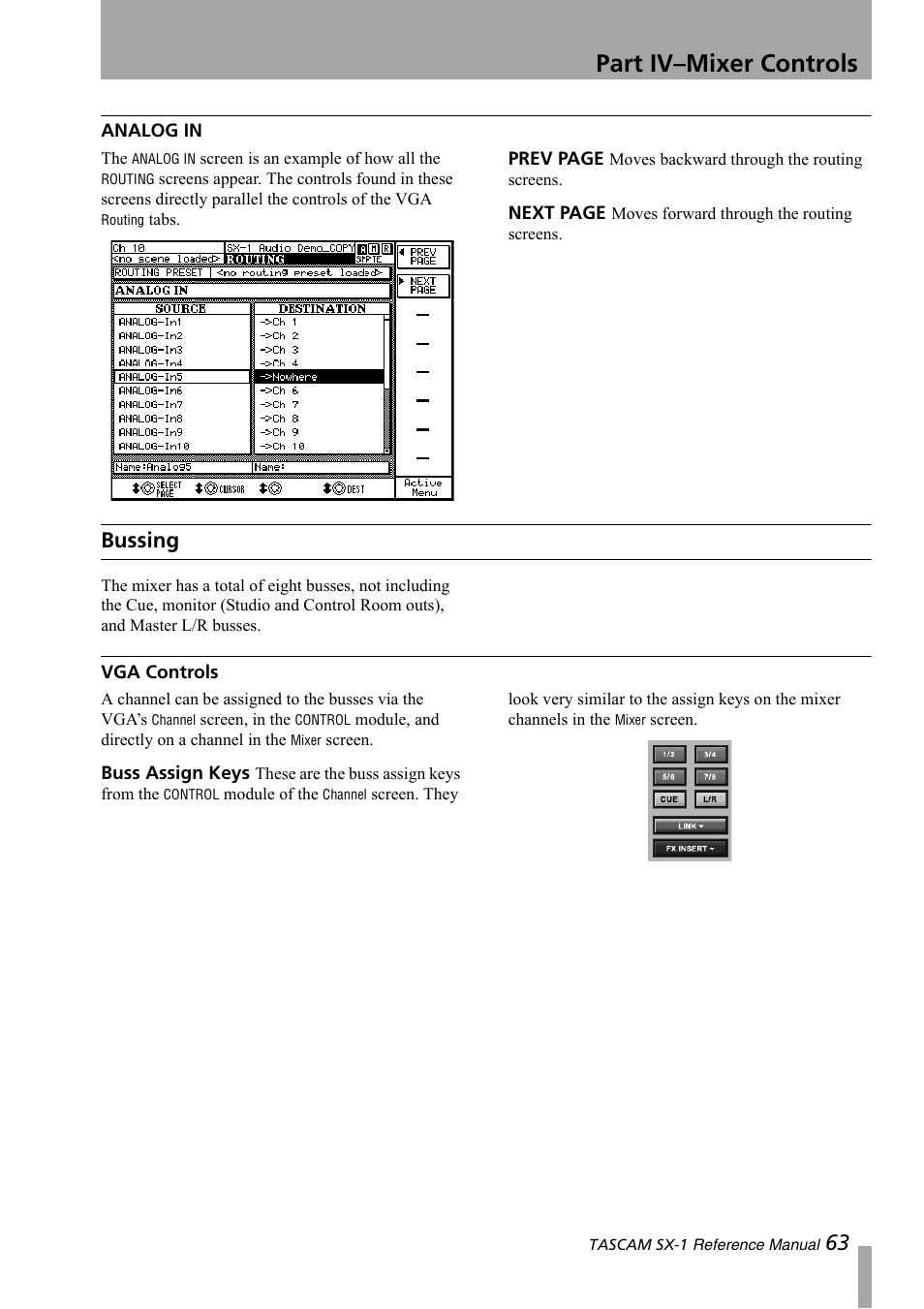 Analog in, Bussing, Vga controls | Part iv–mixer controls | Teac SX-1 Reference Manual User Manual | Page 63 / 213