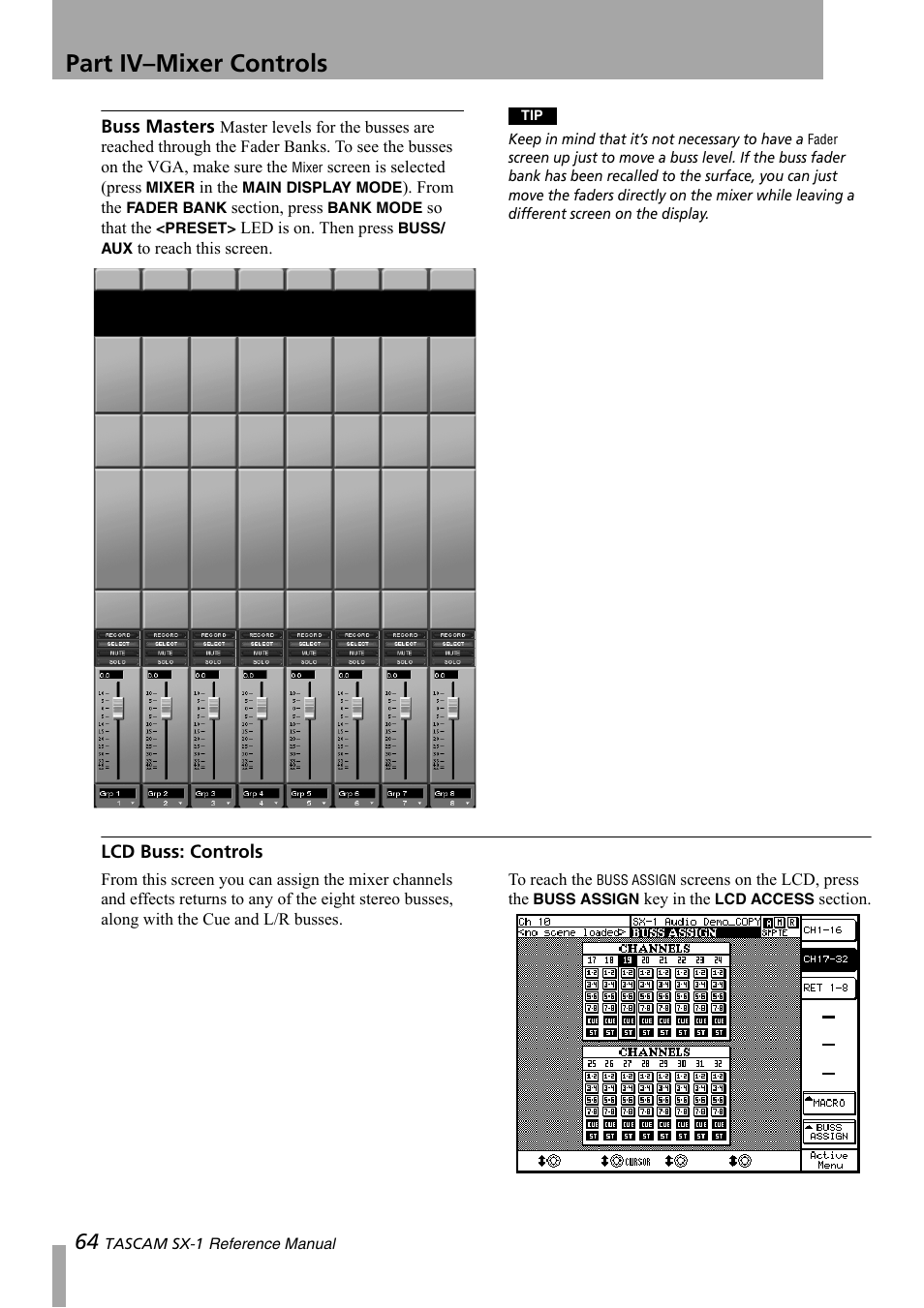 Lcd buss: controls, Part iv–mixer controls | Teac SX-1 Reference Manual User Manual | Page 64 / 213