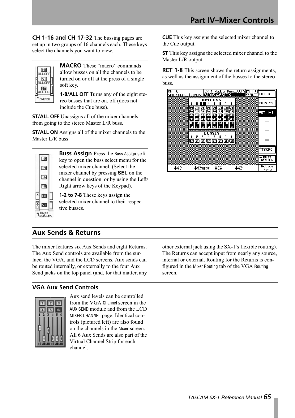 Aux sends & returns, Vga aux send controls, Part iv–mixer controls | Teac SX-1 Reference Manual User Manual | Page 65 / 213