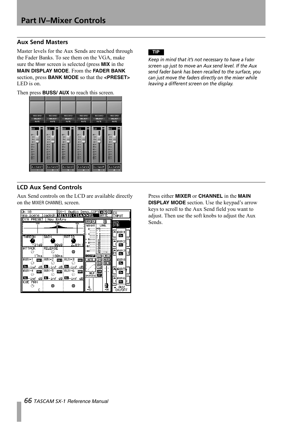 Aux send masters, Lcd aux send controls, Part iv–mixer controls | Teac SX-1 Reference Manual User Manual | Page 66 / 213