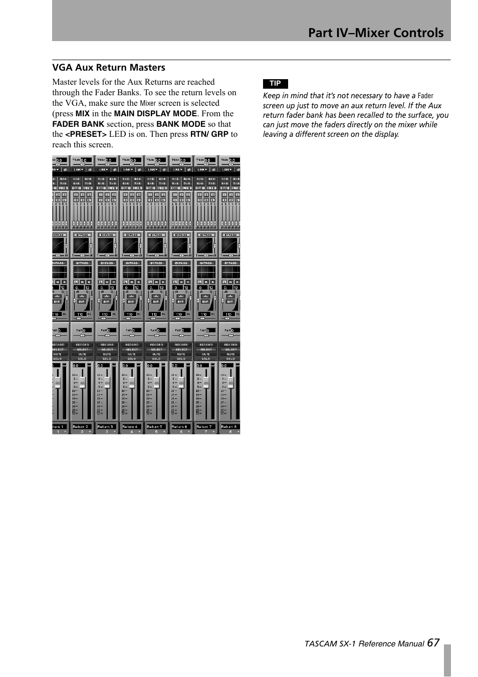 Vga aux return masters, Part iv–mixer controls | Teac SX-1 Reference Manual User Manual | Page 67 / 213