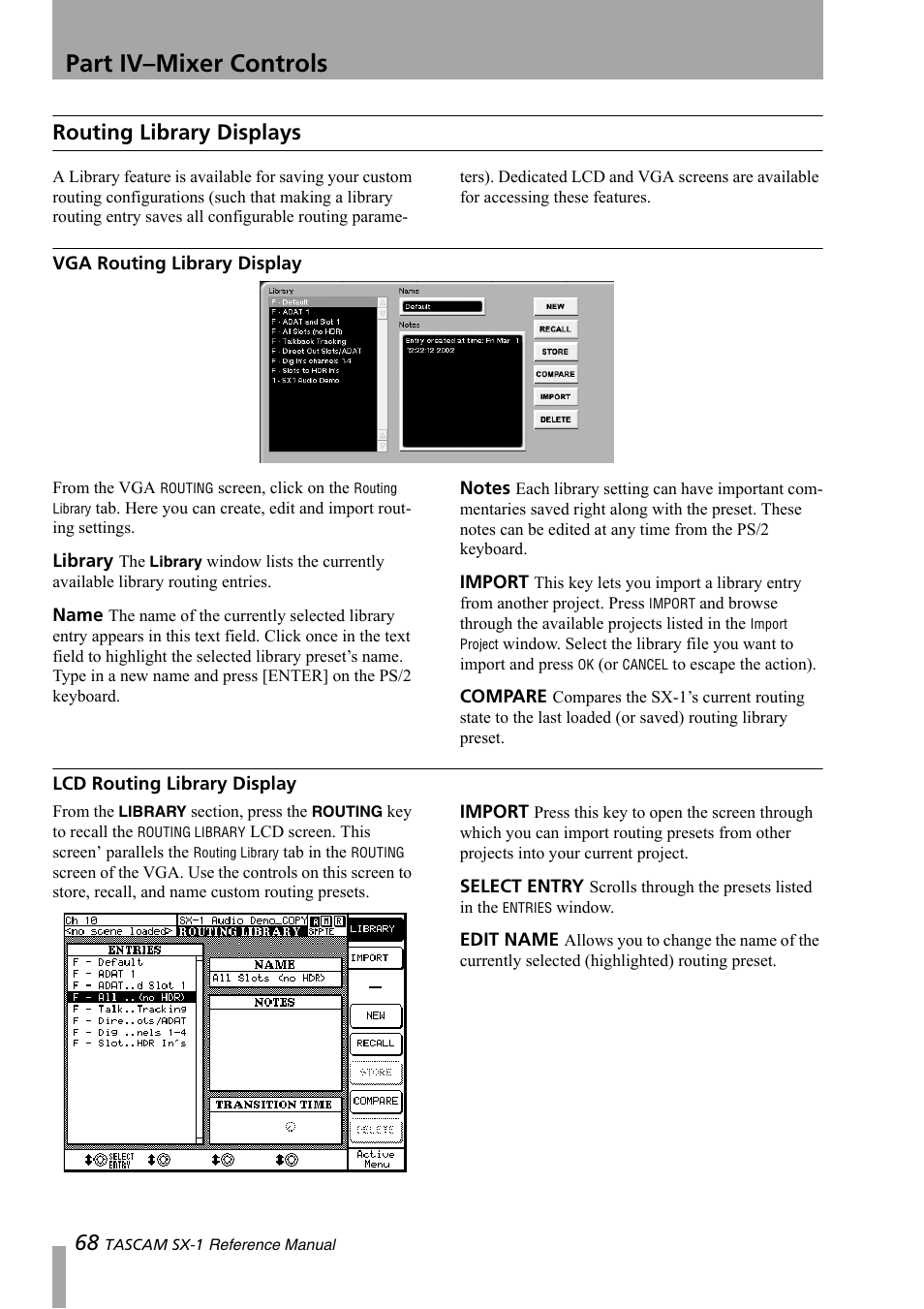 Routing library displays, Vga routing library display, Lcd routing library display | Part iv–mixer controls | Teac SX-1 Reference Manual User Manual | Page 68 / 213