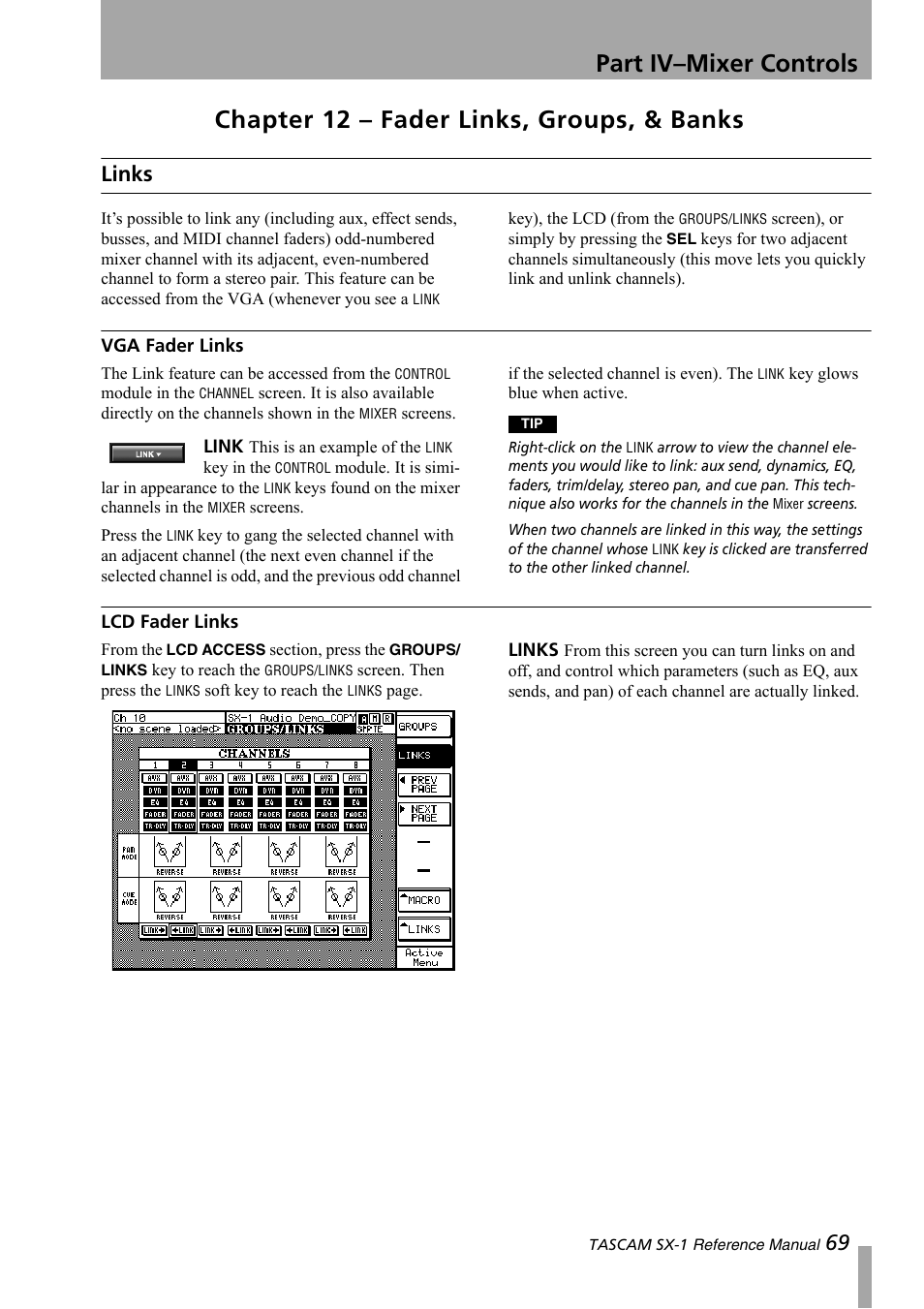 Chapter 12 – fader links, groups, & banks, Links, Vga fader links | Lcd fader links, Part iv–mixer controls | Teac SX-1 Reference Manual User Manual | Page 69 / 213