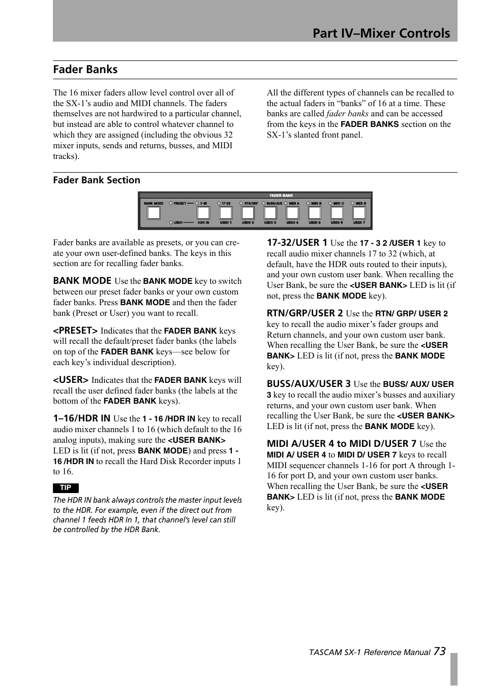 Fader banks, Fader bank section, Part iv–mixer controls | 73 fader banks | Teac SX-1 Reference Manual User Manual | Page 73 / 213