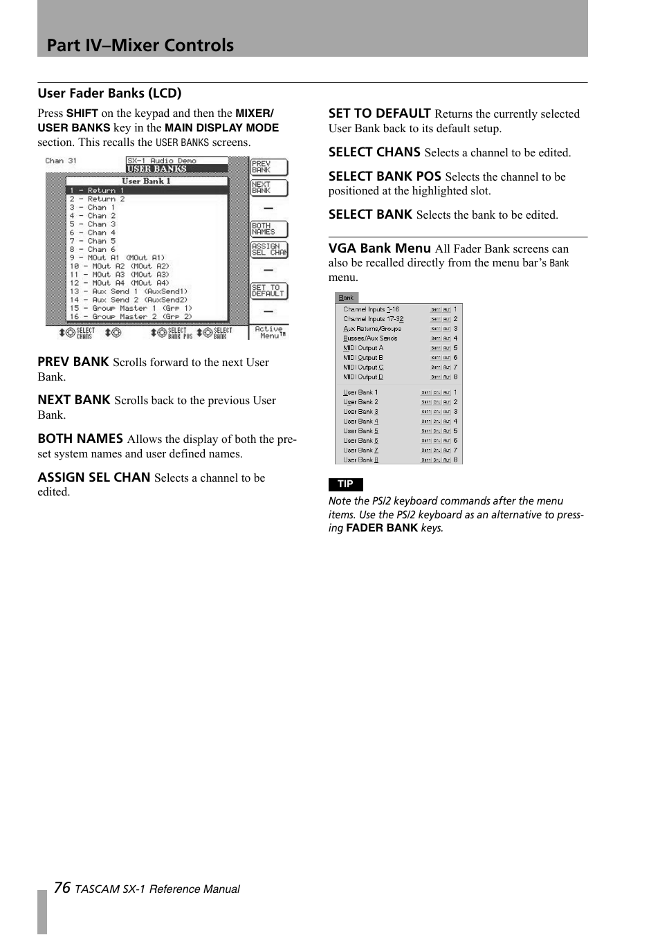 User fader banks (lcd), Part iv–mixer controls | Teac SX-1 Reference Manual User Manual | Page 76 / 213