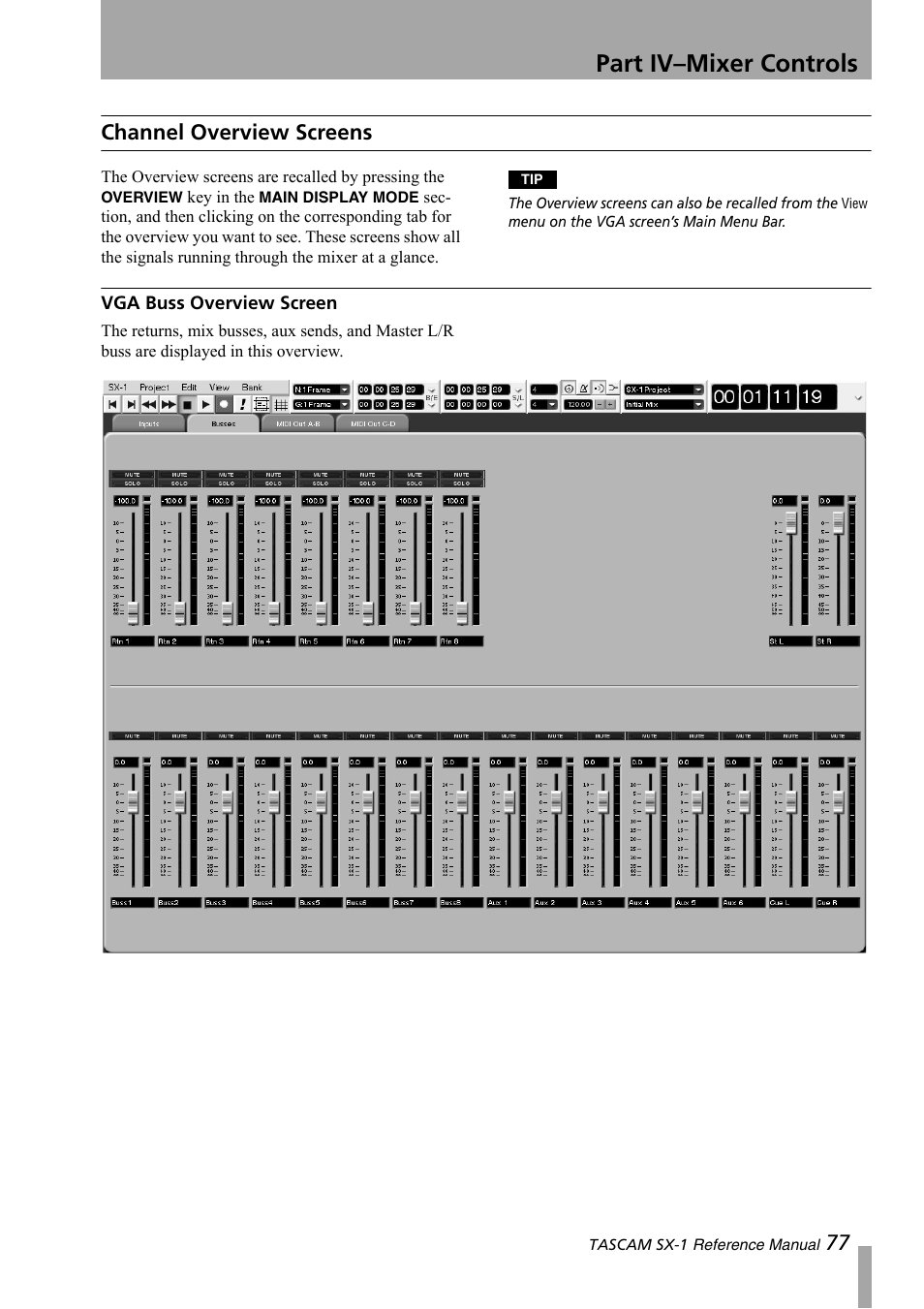 Channel overview screens, Vga buss overview screen, Part iv–mixer controls | 77 channel overview screens | Teac SX-1 Reference Manual User Manual | Page 77 / 213