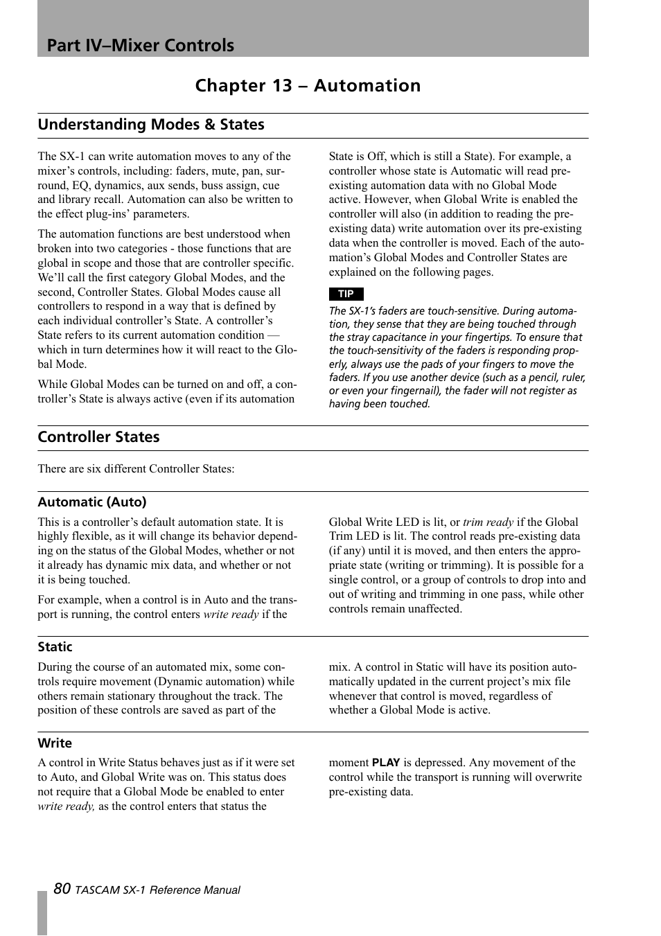 Chapter 13 – automation, Understanding modes & states, Controller states | Automatic (auto), Static, Write, Part iv–mixer controls | Teac SX-1 Reference Manual User Manual | Page 80 / 213