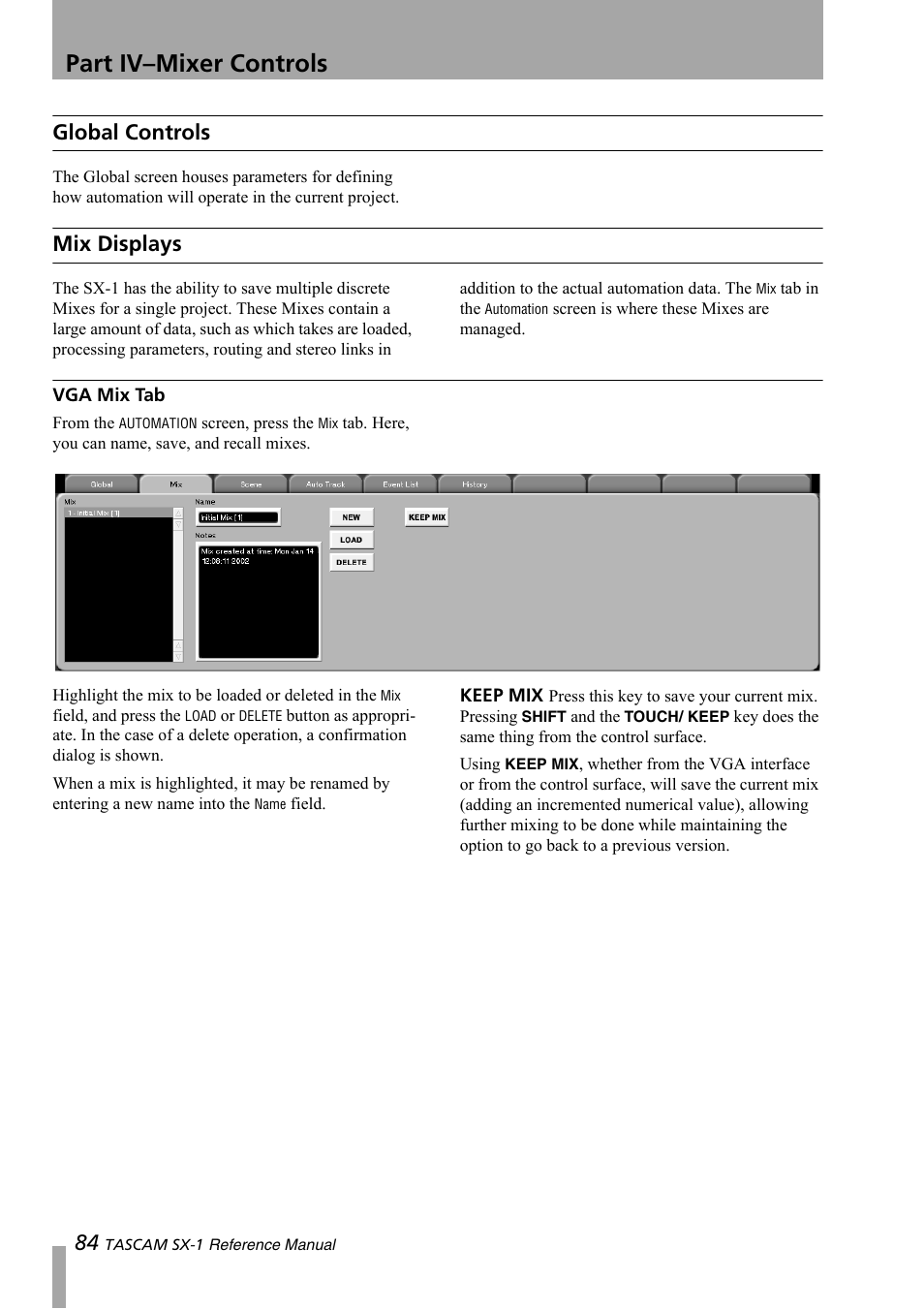 Global controls, Mix displays, Vga mix tab | Part iv–mixer controls | Teac SX-1 Reference Manual User Manual | Page 84 / 213