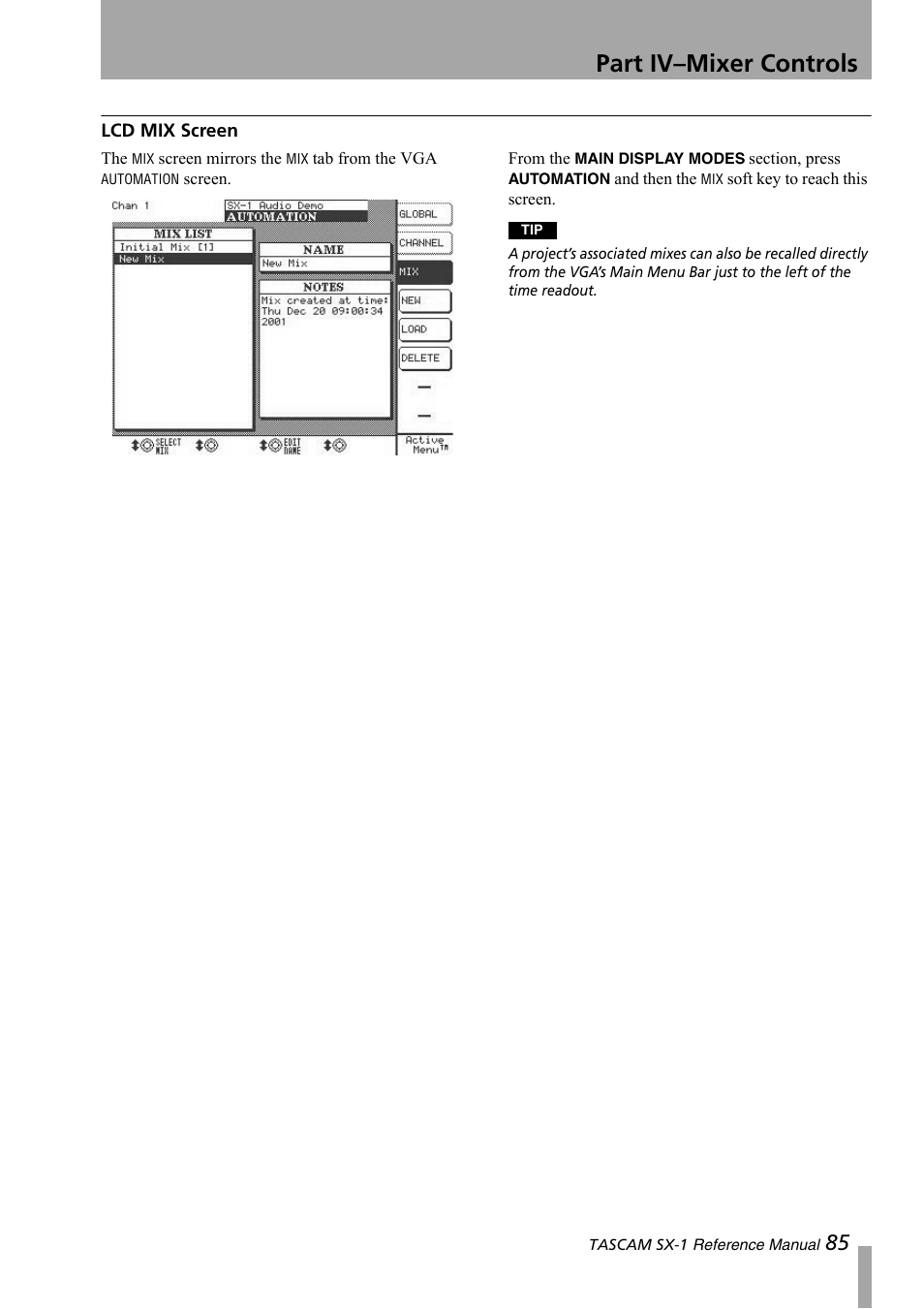 Lcd mix screen, Part iv–mixer controls | Teac SX-1 Reference Manual User Manual | Page 85 / 213