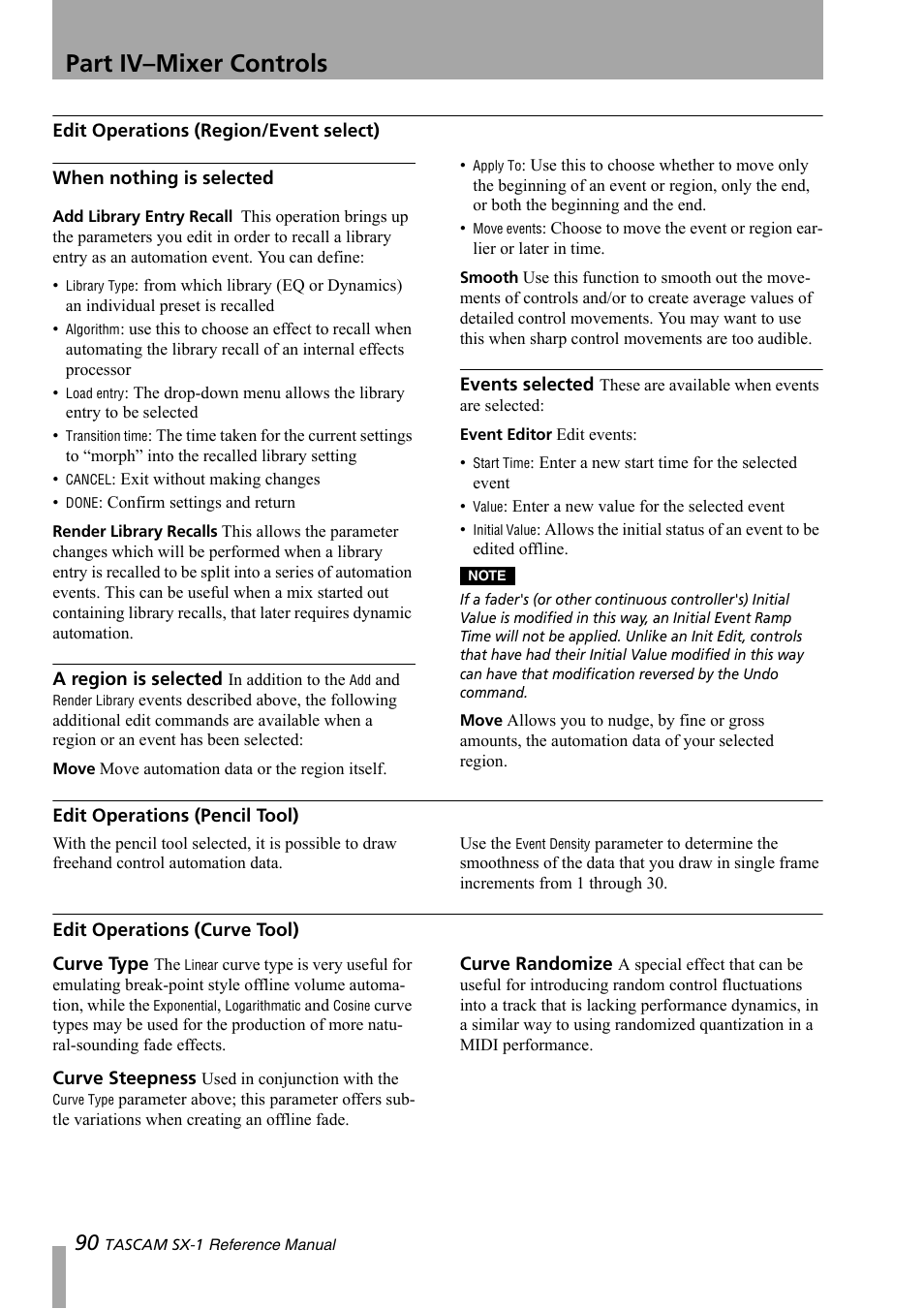 Edit operations (region/event select), Edit operations (pencil tool), Edit operations (curve tool) | Part iv–mixer controls | Teac SX-1 Reference Manual User Manual | Page 90 / 213