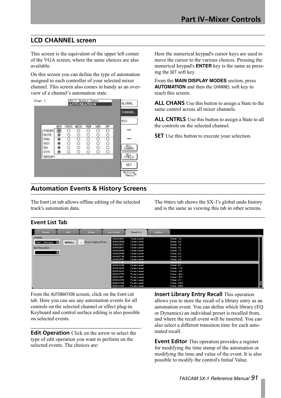 Lcd channel screen, Automation events & history screens, Event list tab | Part iv–mixer controls, 91 lcd channel screen | Teac SX-1 Reference Manual User Manual | Page 91 / 213