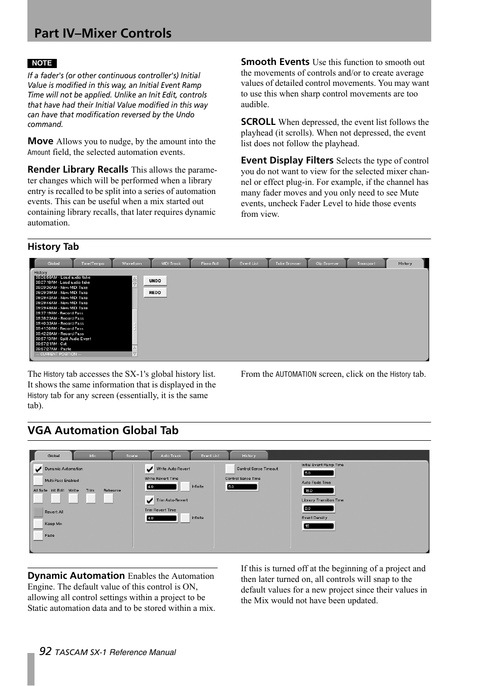 History tab, Vga automation global tab, Part iv–mixer controls | Teac SX-1 Reference Manual User Manual | Page 92 / 213
