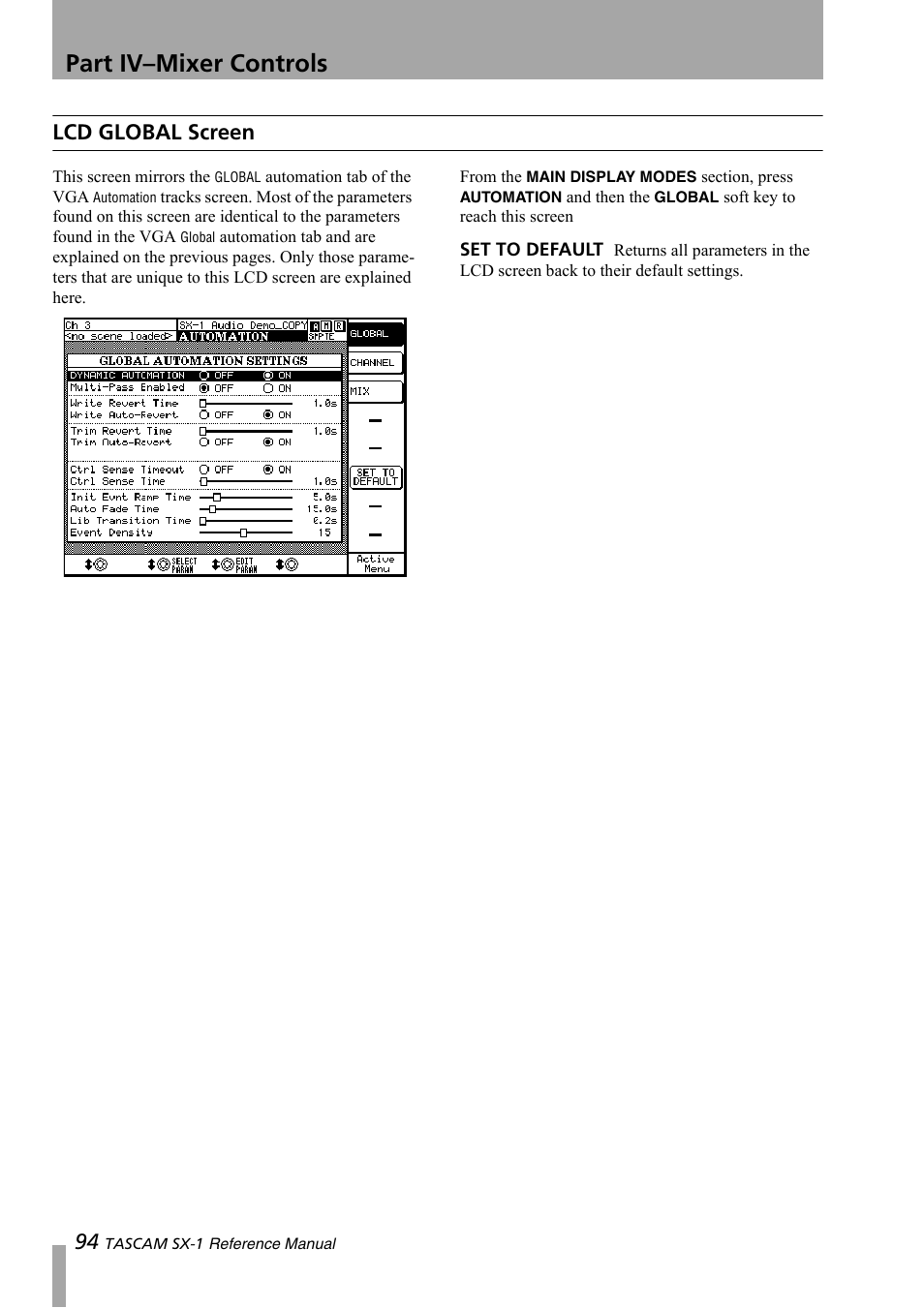 Lcd global screen, Part iv–mixer controls | Teac SX-1 Reference Manual User Manual | Page 94 / 213