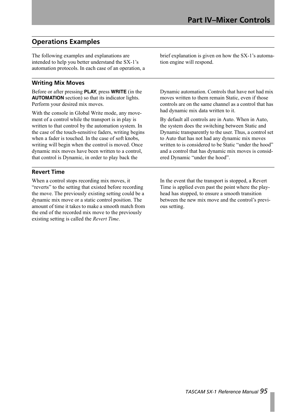 Operations examples, Writing mix moves, Revert time | Part iv–mixer controls, 95 operations examples | Teac SX-1 Reference Manual User Manual | Page 95 / 213