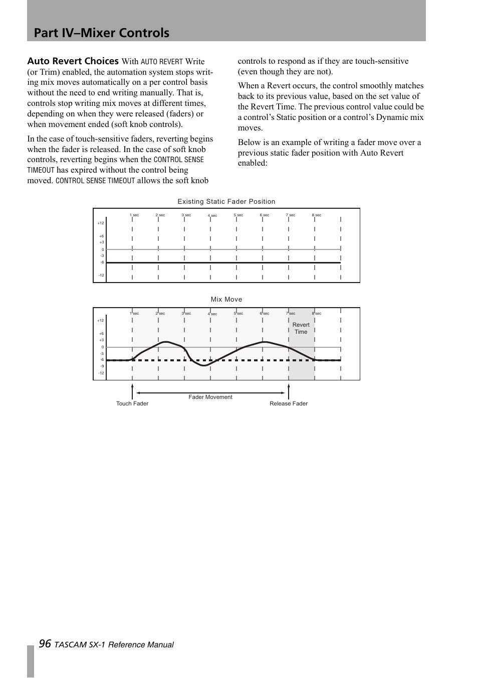 Part iv–mixer controls, Auto revert choices, With | Has expired without the control being moved, Tascam sx-1 reference manual, Auto revert, Control sense timeout | Teac SX-1 Reference Manual User Manual | Page 96 / 213
