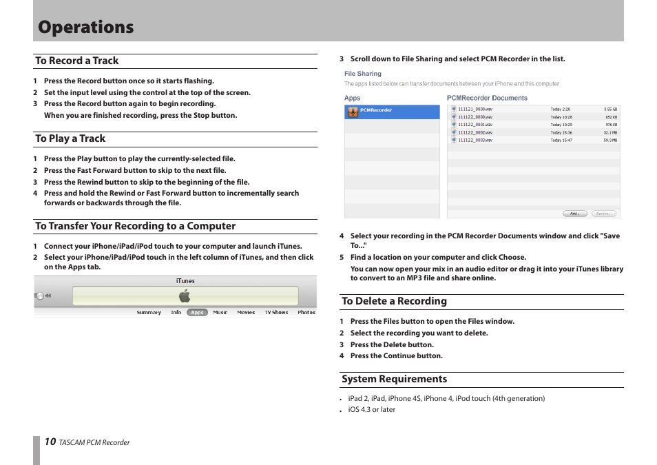 Operations, To record a track, To play a track | To transfer your recording to a computer, To delete a recording, System requirements | Teac PCM Recorder User Manual | Page 10 / 12