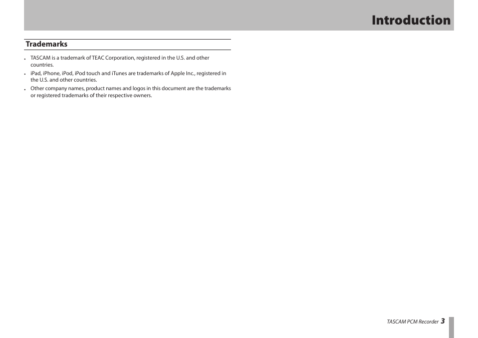 Introduction, Trademarks | Teac PCM Recorder User Manual | Page 3 / 12