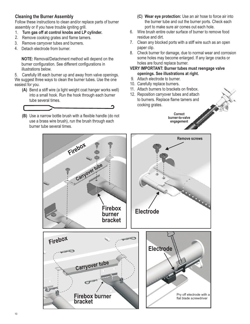Firebox, Firebox burner bracket electrode, Firebox burner bracket | Electrode, Carryover tube | Char-Broil 463263110 User Manual | Page 10 / 32