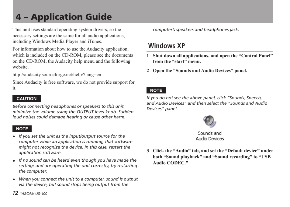 4 - application guide, Windows xp, 4 – application guide | Teac US-100 User Manual | Page 12 / 24