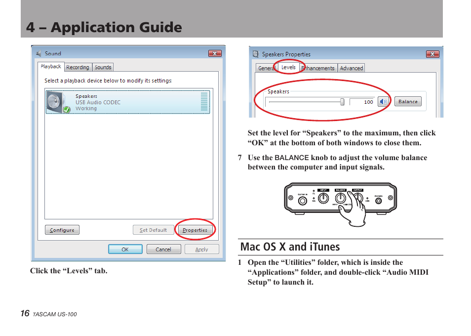 Mac os x and itunes, 4 – application guide | Teac US-100 User Manual | Page 16 / 24