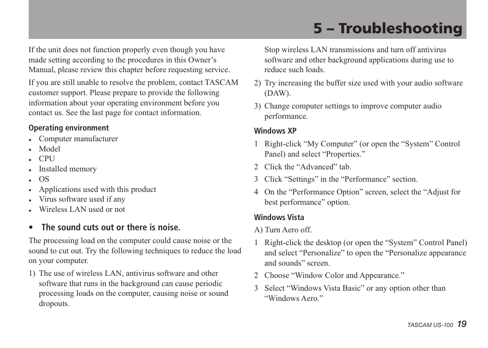 5 - troubleshooting, 5 – troubleshooting | Teac US-100 User Manual | Page 19 / 24