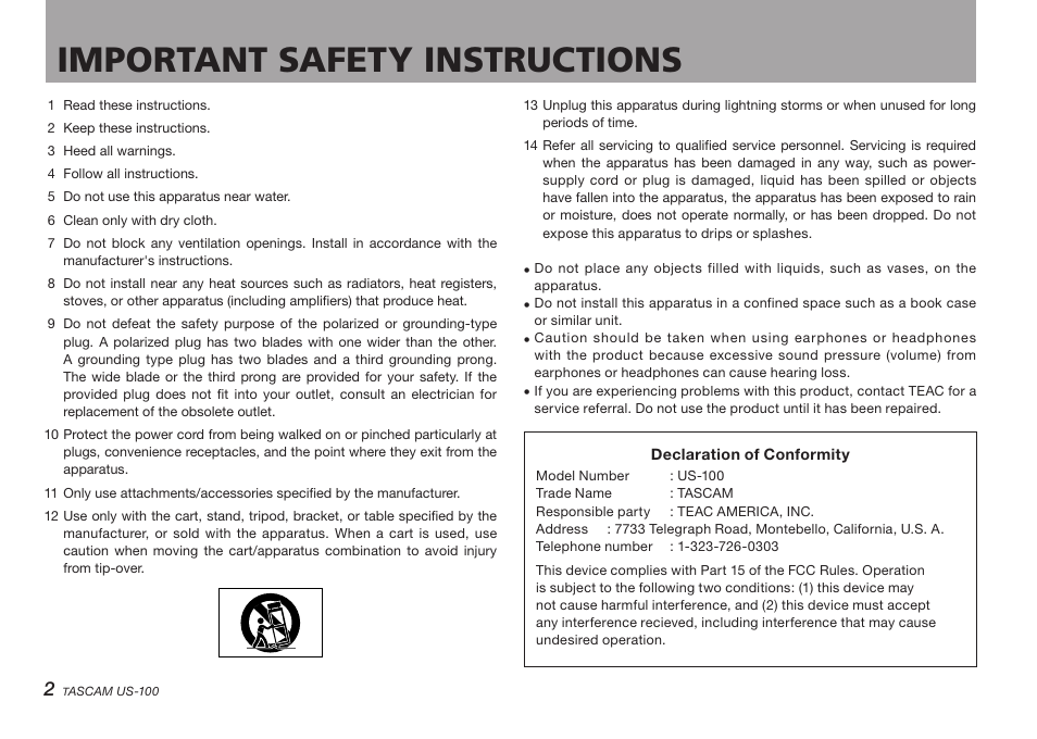 Important safety instructions | Teac US-100 User Manual | Page 2 / 24