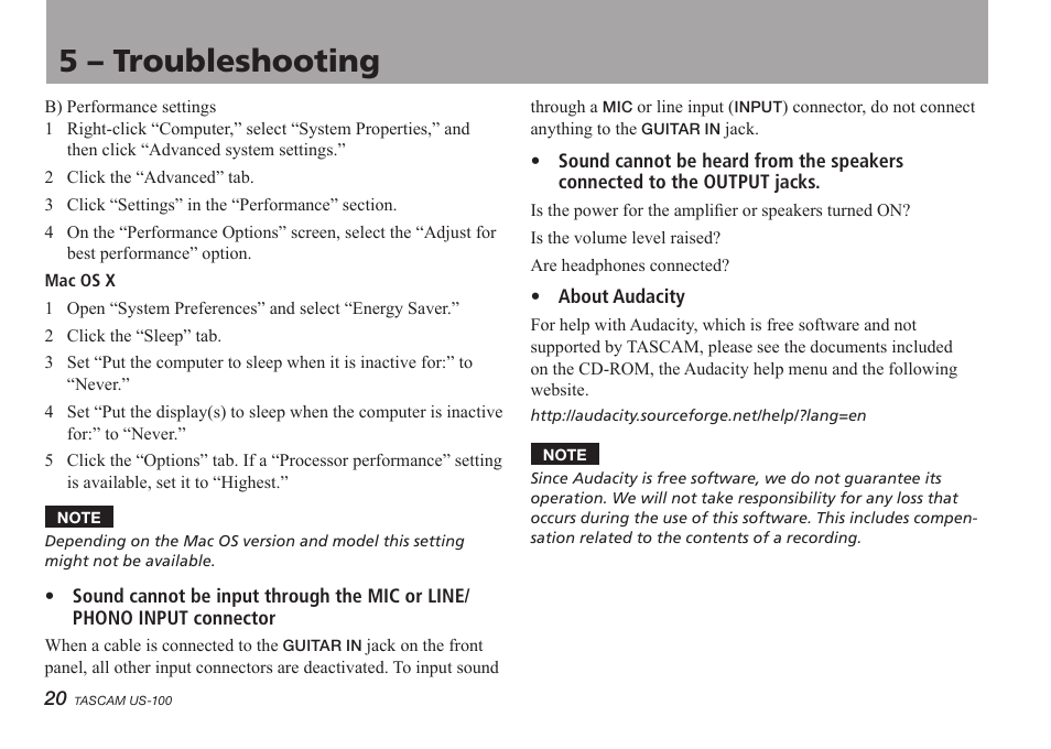 5 – troubleshooting | Teac US-100 User Manual | Page 20 / 24