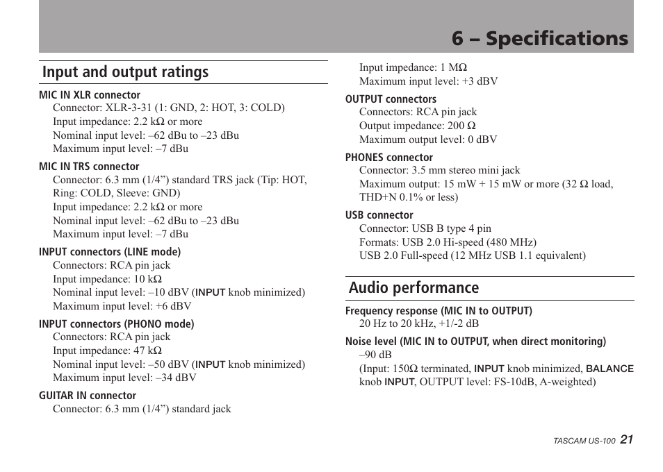 6 - specifications, Input and output ratings, Audio performance | 6 – specifications | Teac US-100 User Manual | Page 21 / 24