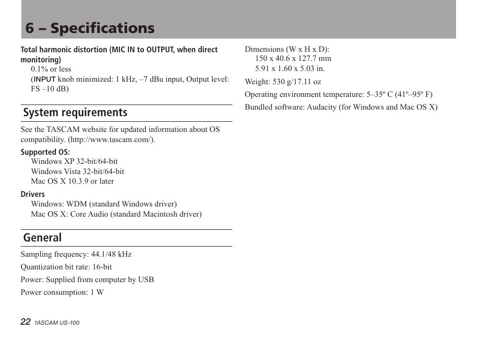 System requirements, General, 6 – specifications | Teac US-100 User Manual | Page 22 / 24