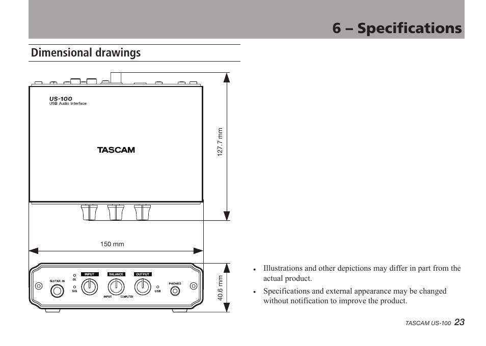 Dimensional drawings, 6 – specifications | Teac US-100 User Manual | Page 23 / 24