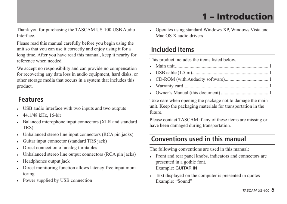 Introduction, Features, Included items | Conventions used in this manual, 1 – introduction | Teac US-100 User Manual | Page 5 / 24