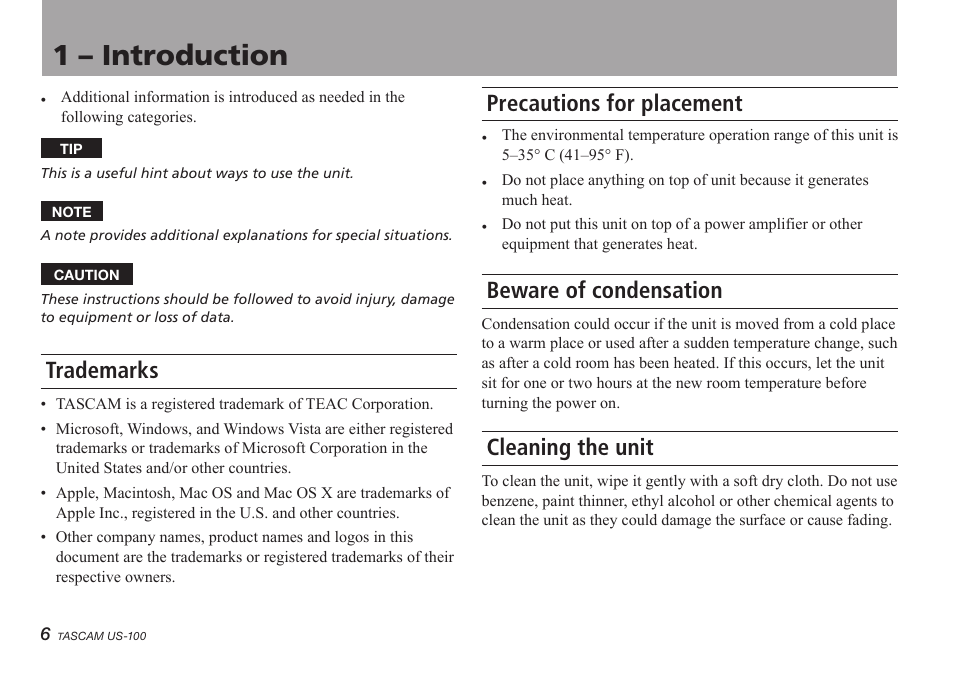 Trademarks, Precautions for placement, Beware of condensation | Cleaning the unit, 1 – introduction | Teac US-100 User Manual | Page 6 / 24