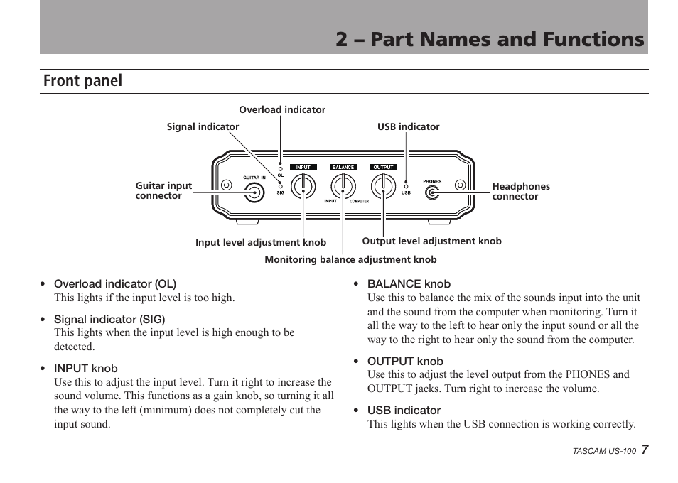 2 - part names and functions, Front panel, 2 – part names and functions | Teac US-100 User Manual | Page 7 / 24