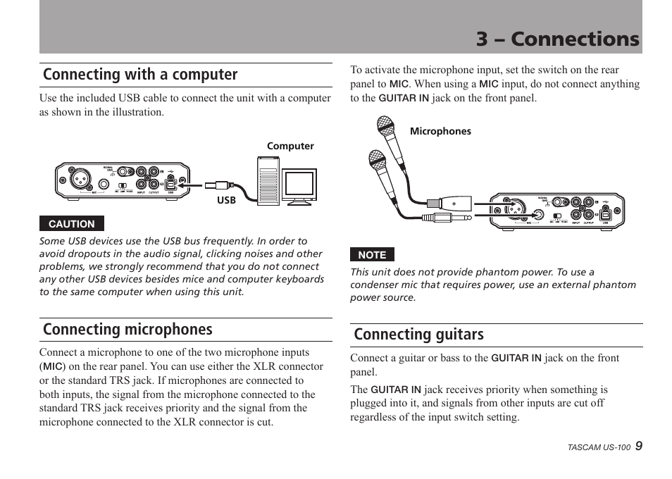 3 - connections, Connecting with a computer, Connecting microphones | Connecting guitars, 3 – connections | Teac US-100 User Manual | Page 9 / 24