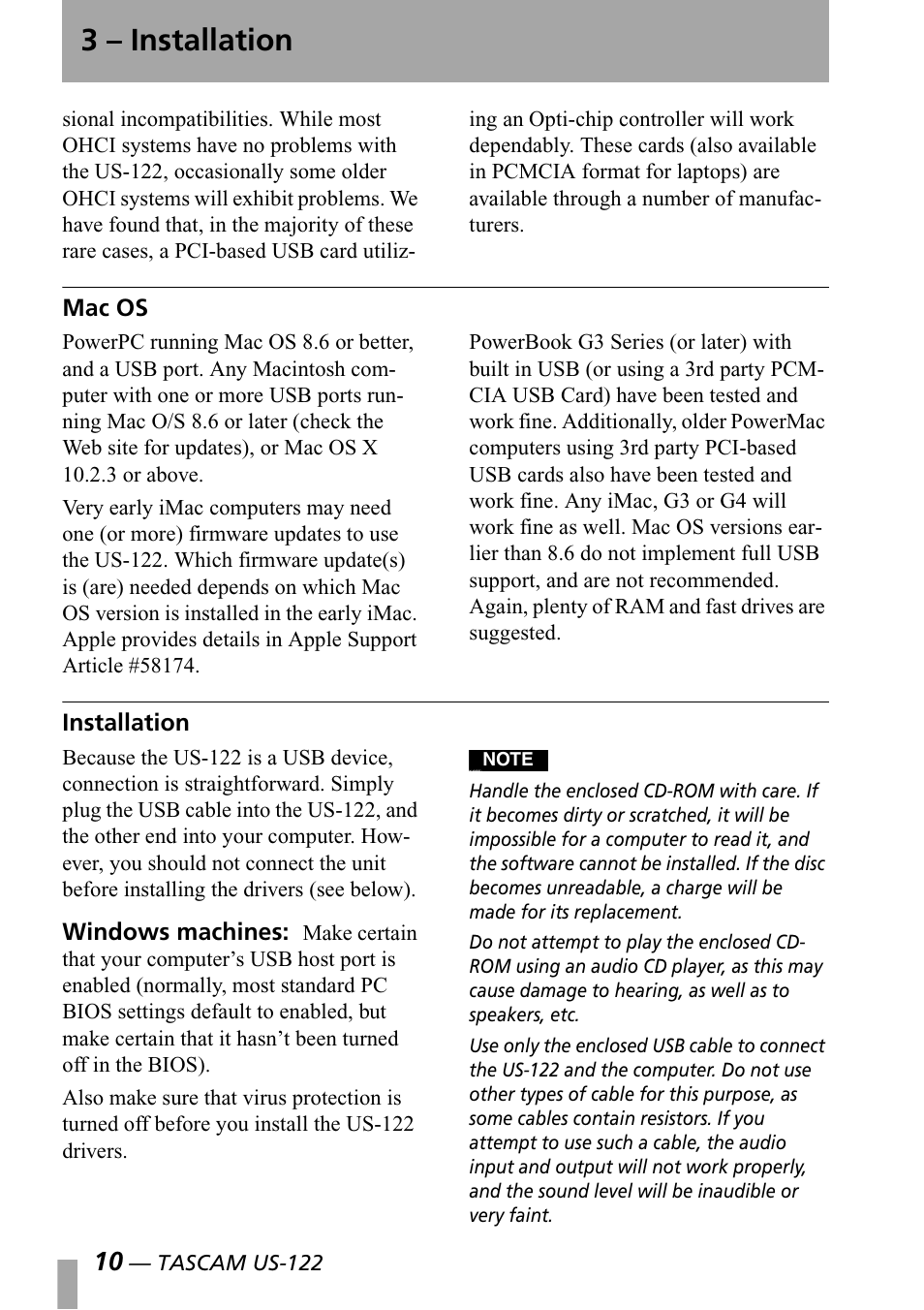 Mac os, Installation, Mac os installation | 3 – installation | Teac US-122 User Manual | Page 10 / 36