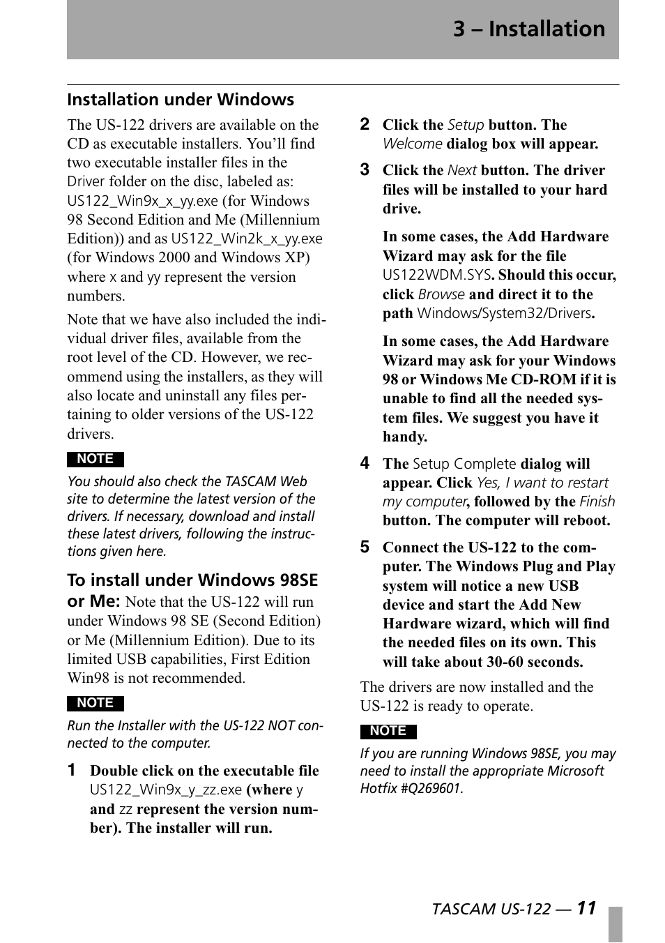 Installation under windows, 3 – installation | Teac US-122 User Manual | Page 11 / 36