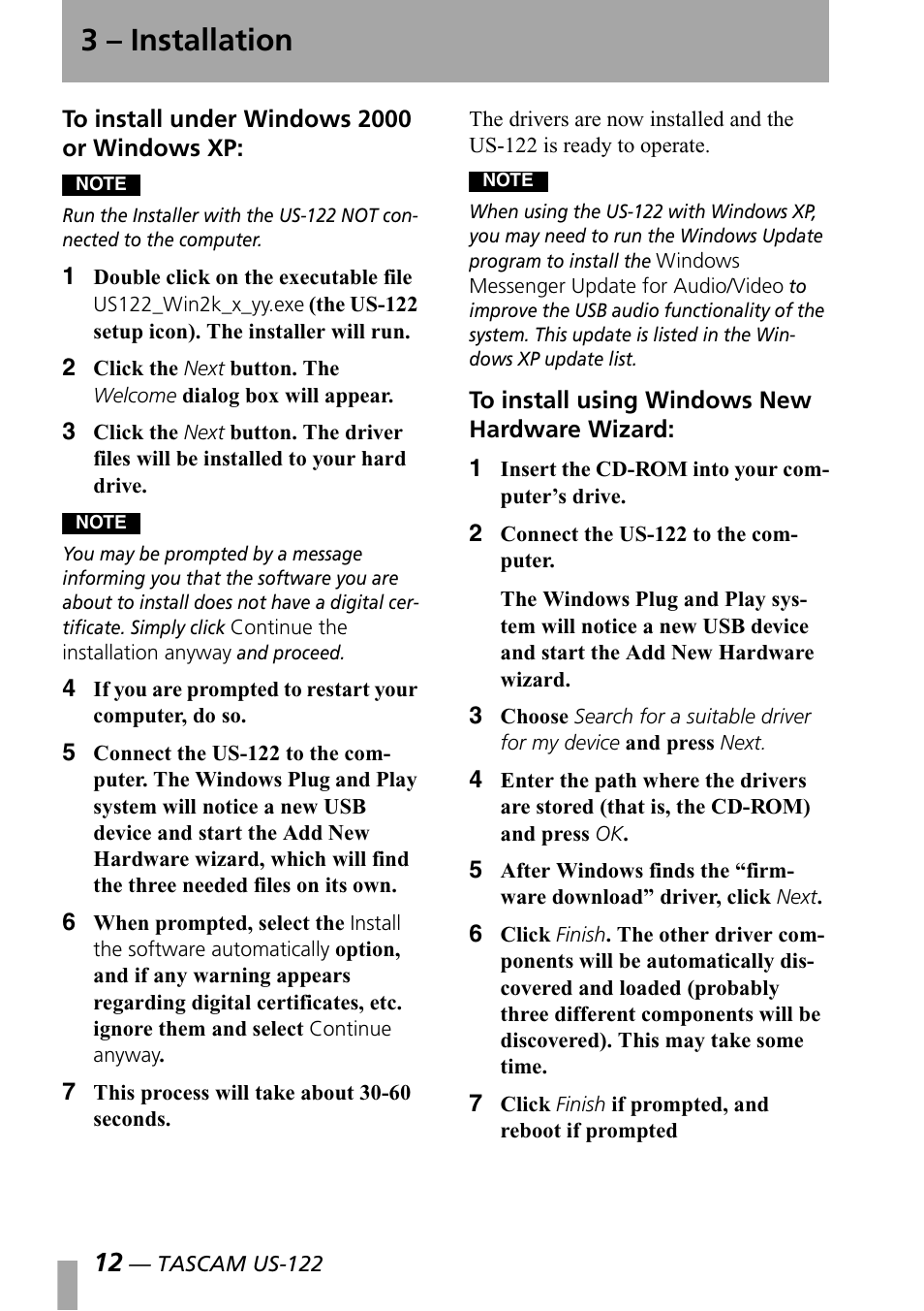 3 – installation | Teac US-122 User Manual | Page 12 / 36