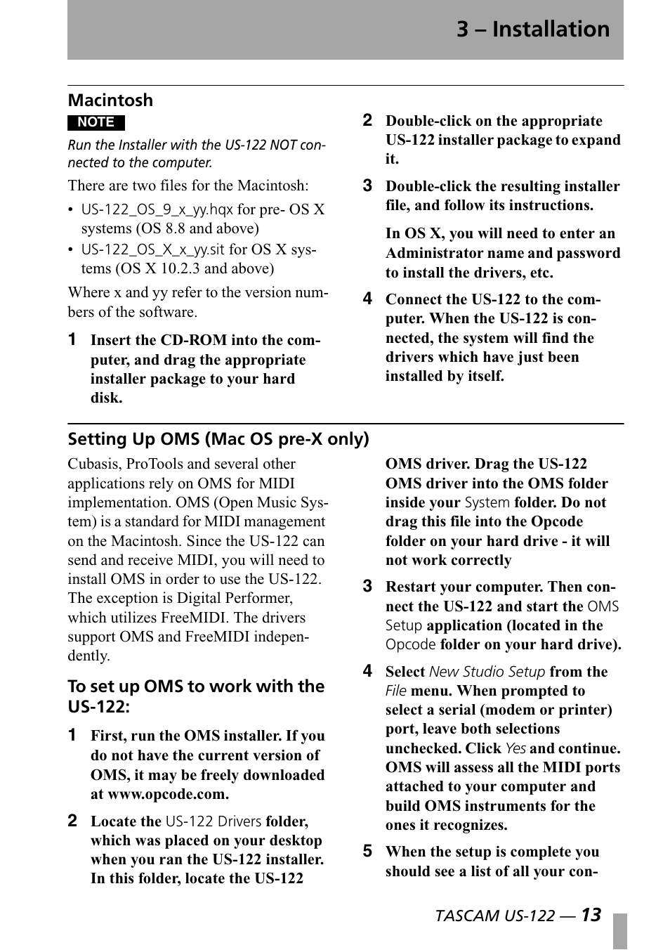 Macintosh, Setting up oms (mac os pre-x only), Macintosh setting up oms (mac os pre-x | Only), 3 – installation | Teac US-122 User Manual | Page 13 / 36