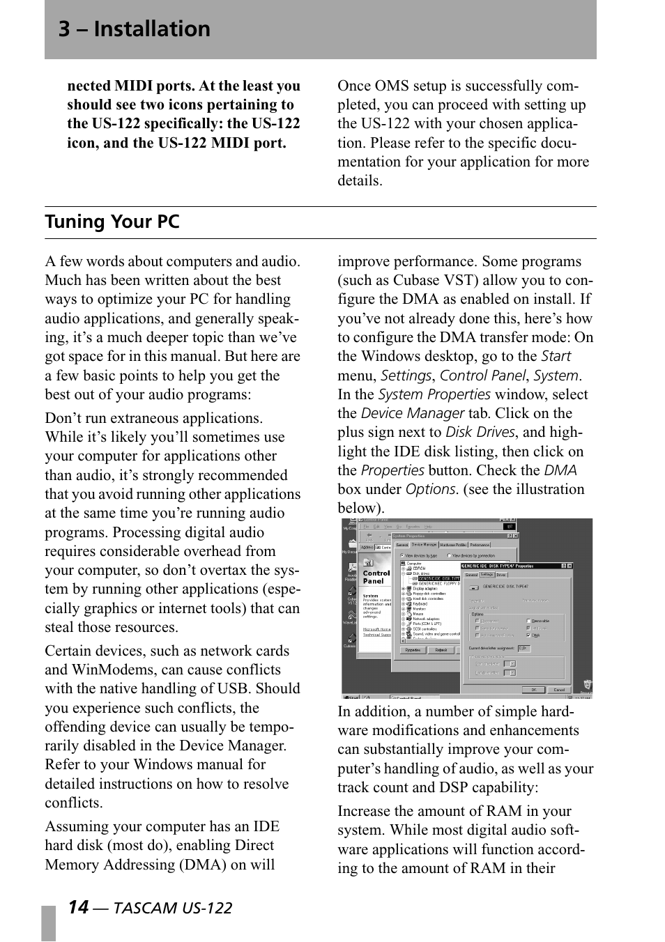 Tuning your pc, 3 – installation | Teac US-122 User Manual | Page 14 / 36