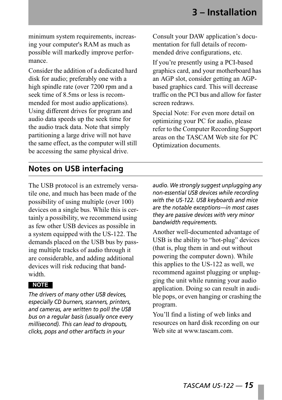 Notes on usb interfacing, 3 – installation | Teac US-122 User Manual | Page 15 / 36